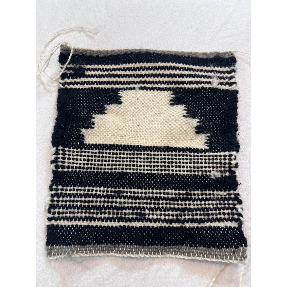 Handwoven Wool Geometric Textile Black White Southwestern Small Rug Wall Hanging